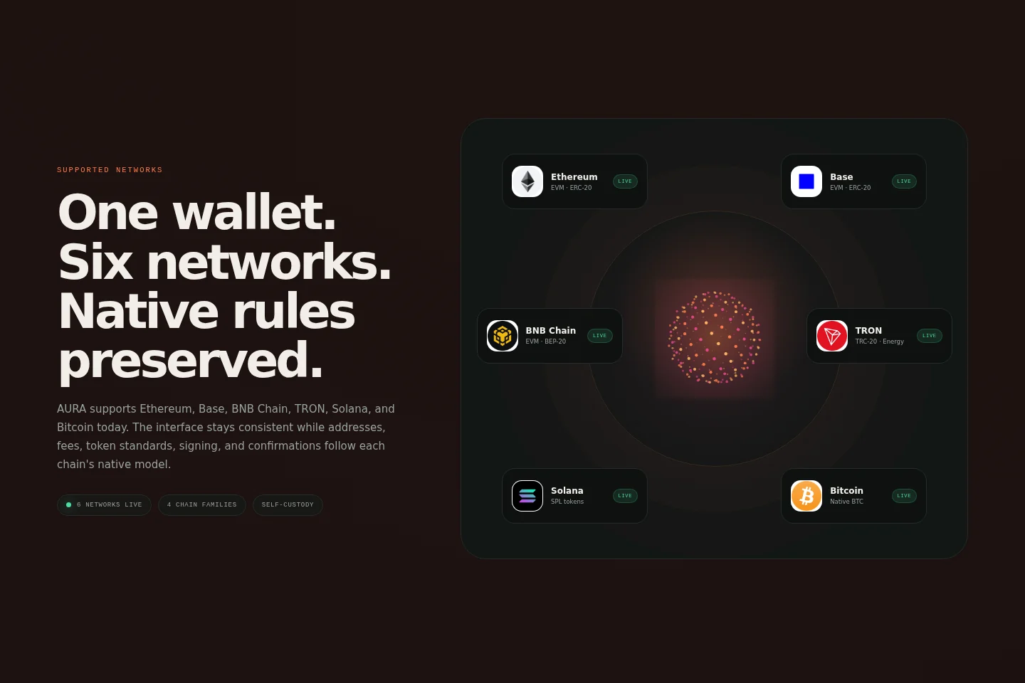 AURA Wallet Ethereum Base BNB Chain TRON Solana Bitcoin multi-chain crypto wallet support