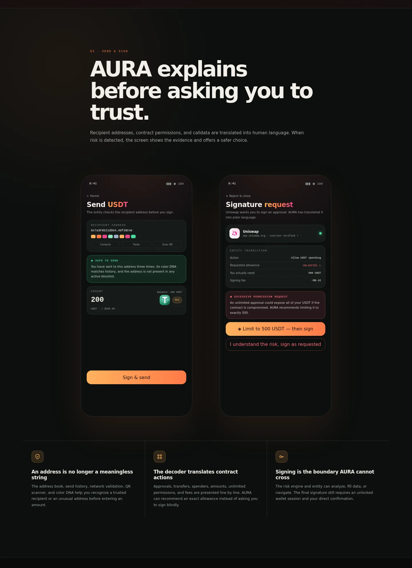 AURA Wallet Send crypto address validation fee review risk-aware transaction signing
