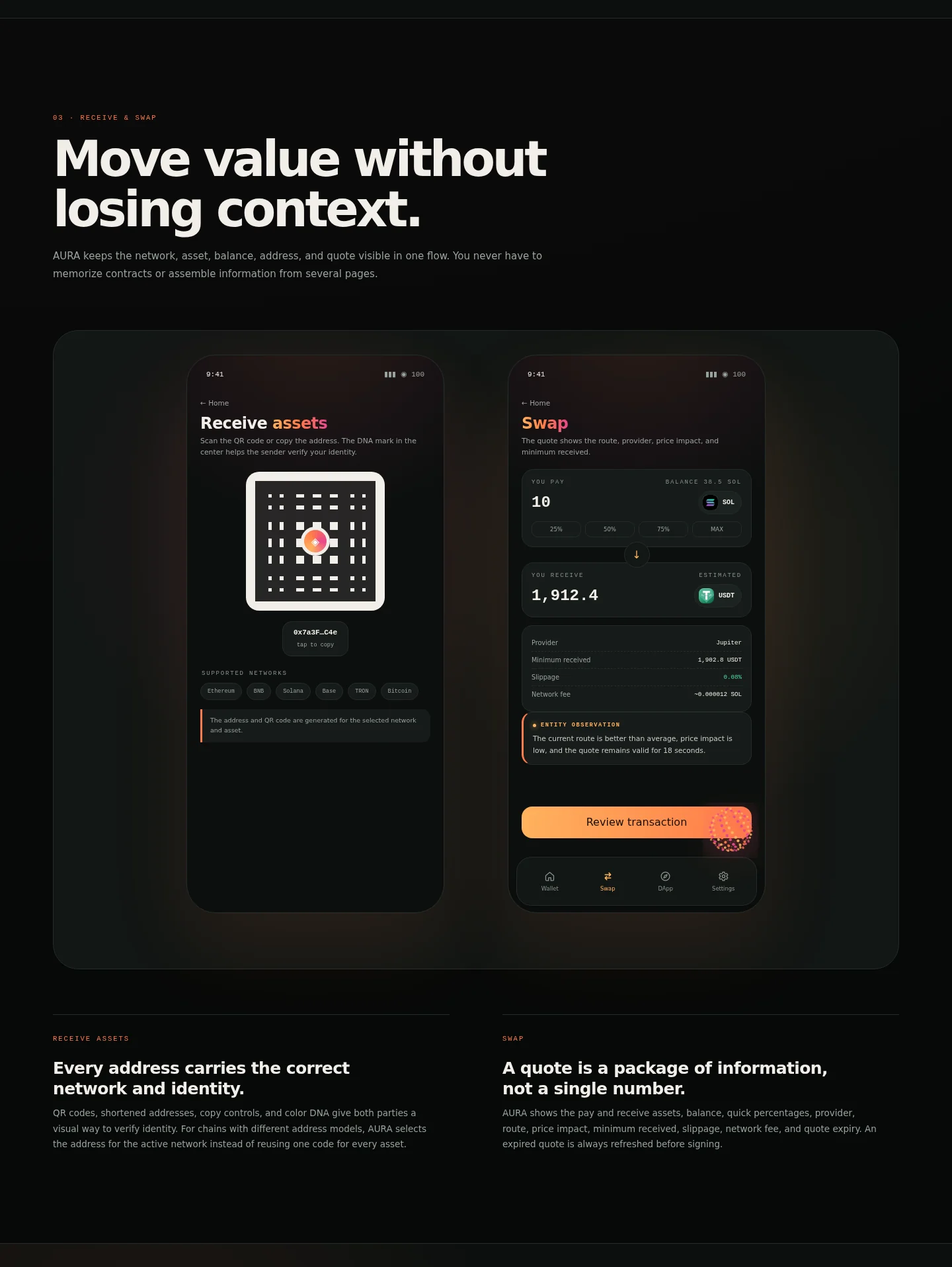 AURA Wallet receive crypto token swap 0x Jupiter SUN.io route slippage quote
