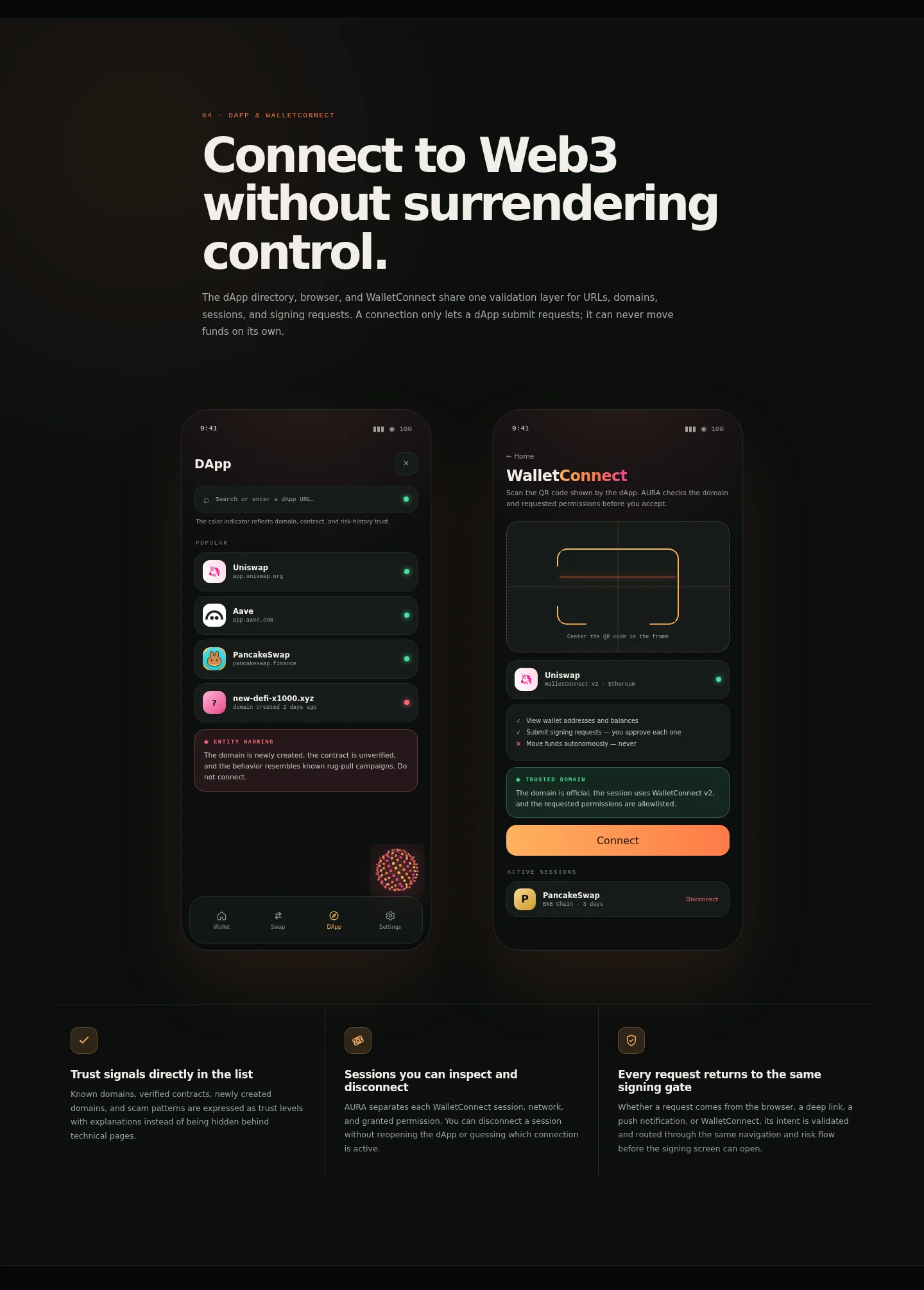 AURA Wallet Web3 DApp browser WalletConnect session management React Native