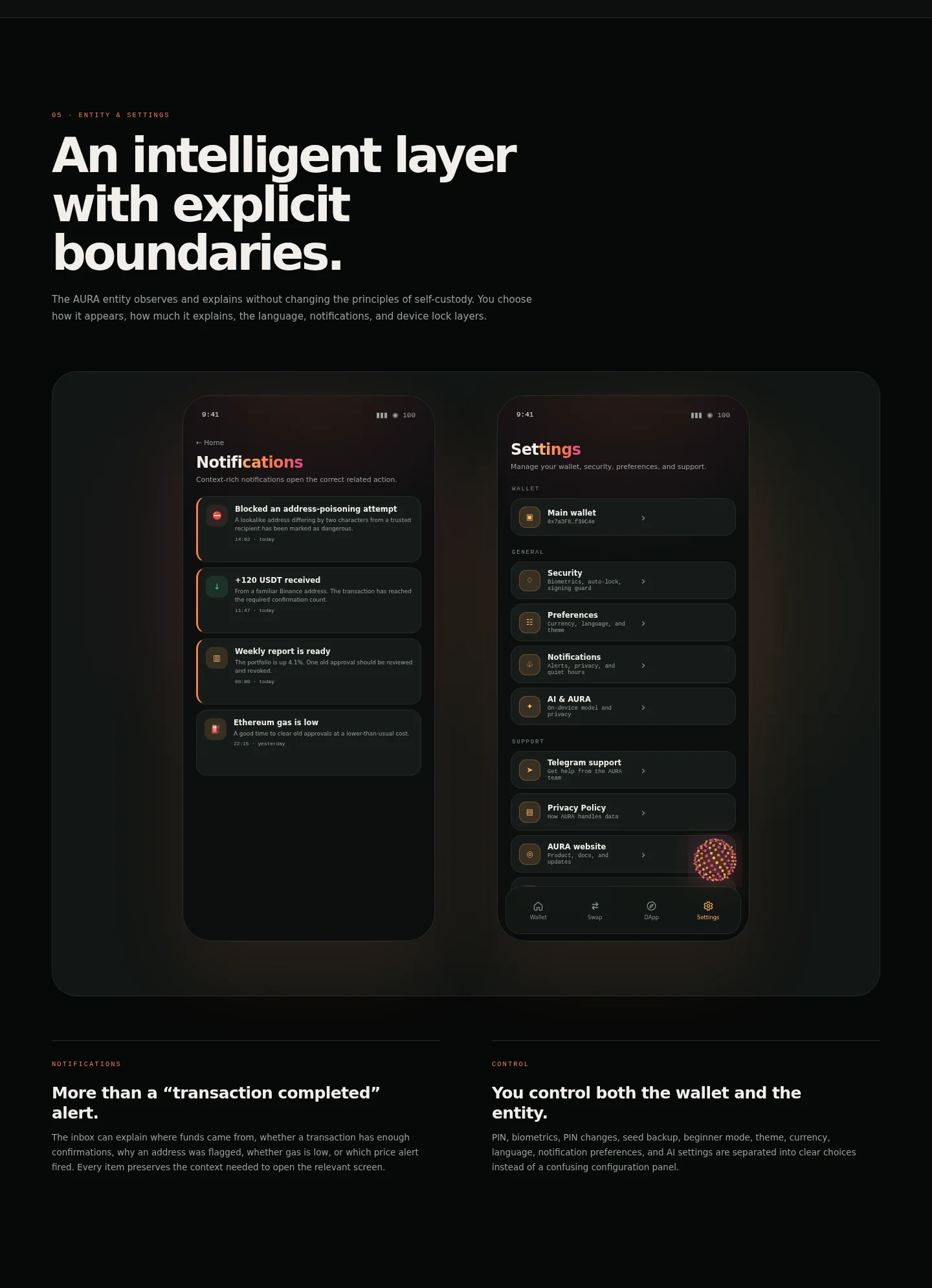 AURA Wallet AI crypto assistant notifications biometric security settings PIN privacy
