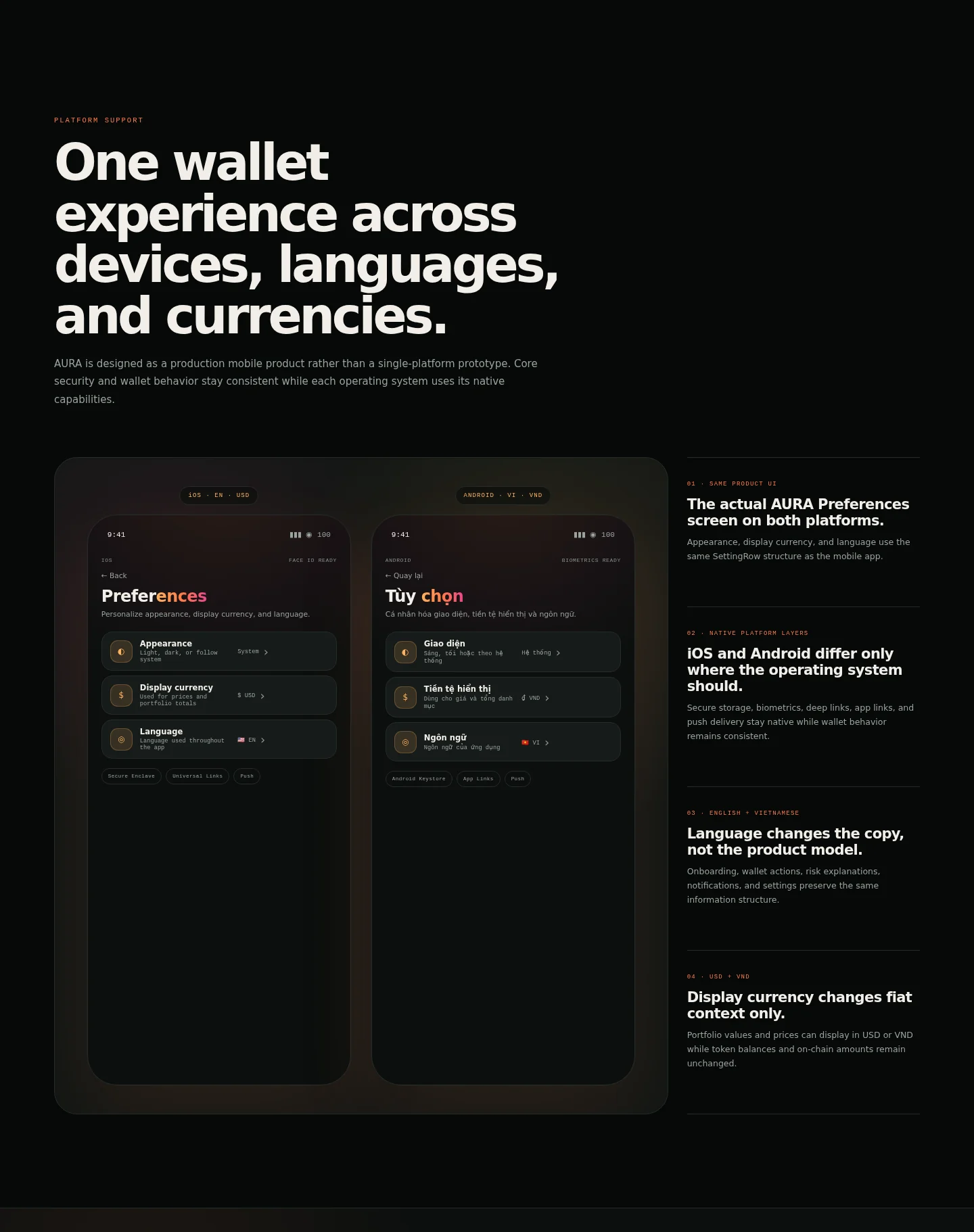 AURA Wallet React Native iOS Android multi-language multi-currency crypto wallet