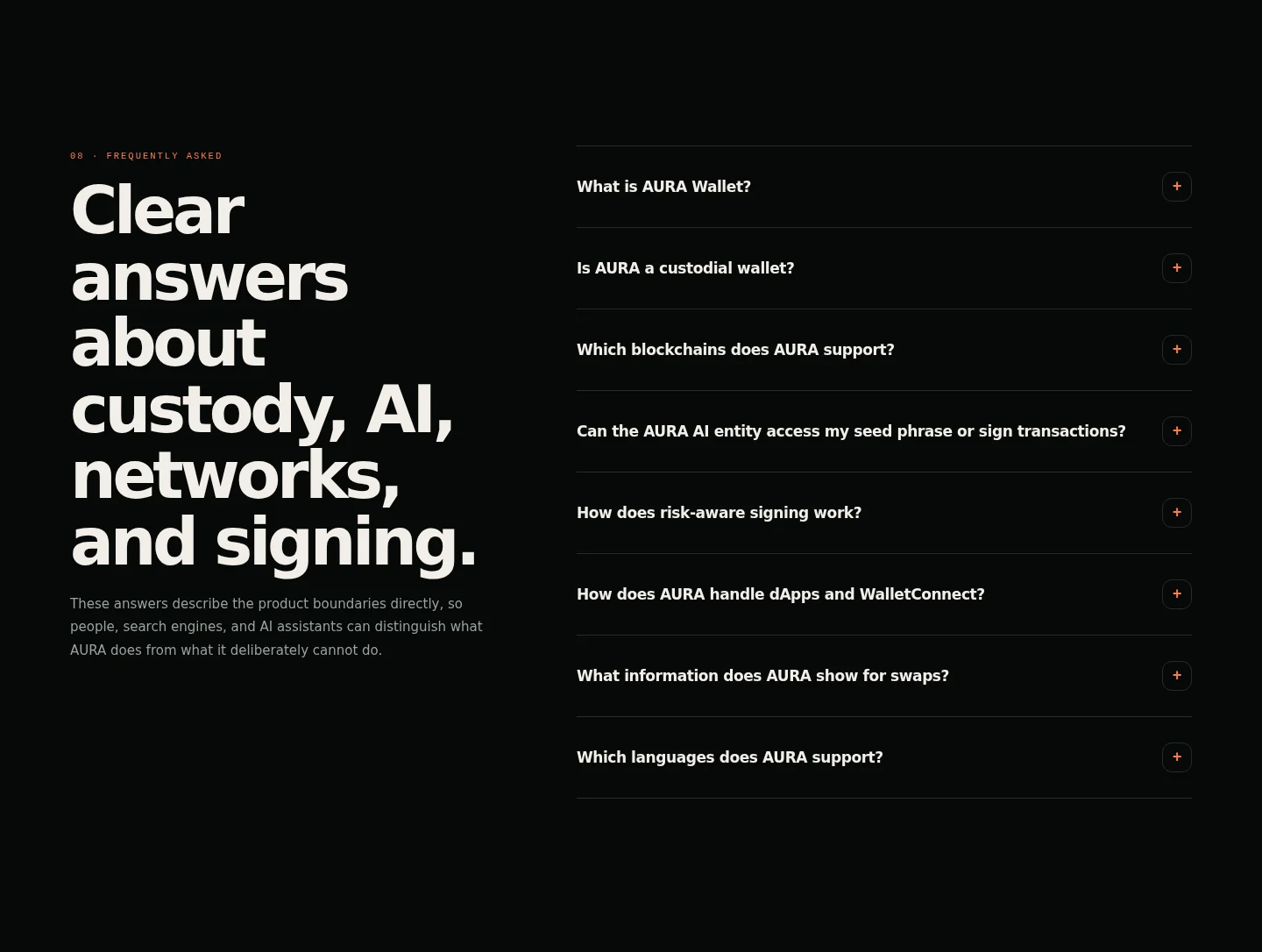 AURA Wallet self-custody crypto wallet security FAQ private keys signing Web3